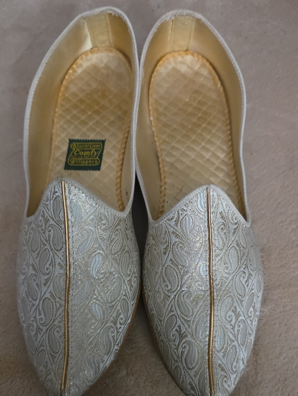 Women's Gold-Trim Cream Brocade Slip-On Flats